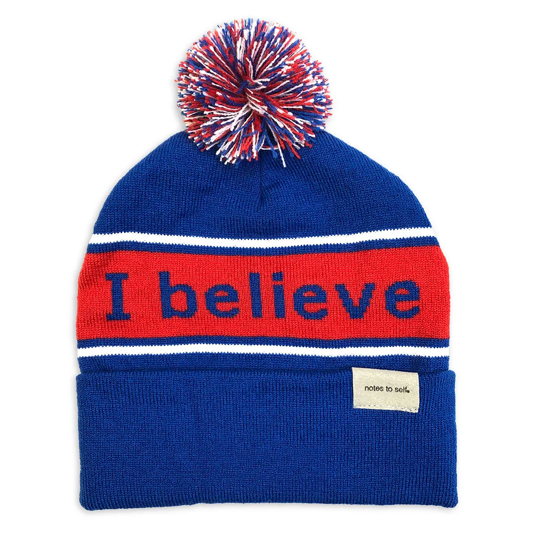 I believe™ blue & red knit beanie with We are awesome™ on inside cuff