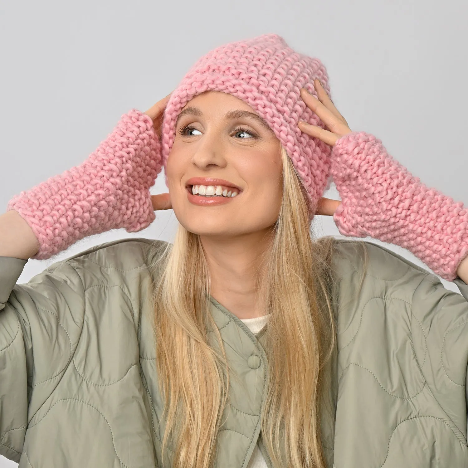 Ivy Hat and Fingerless Gloves Knitting Kit - Baby Pink