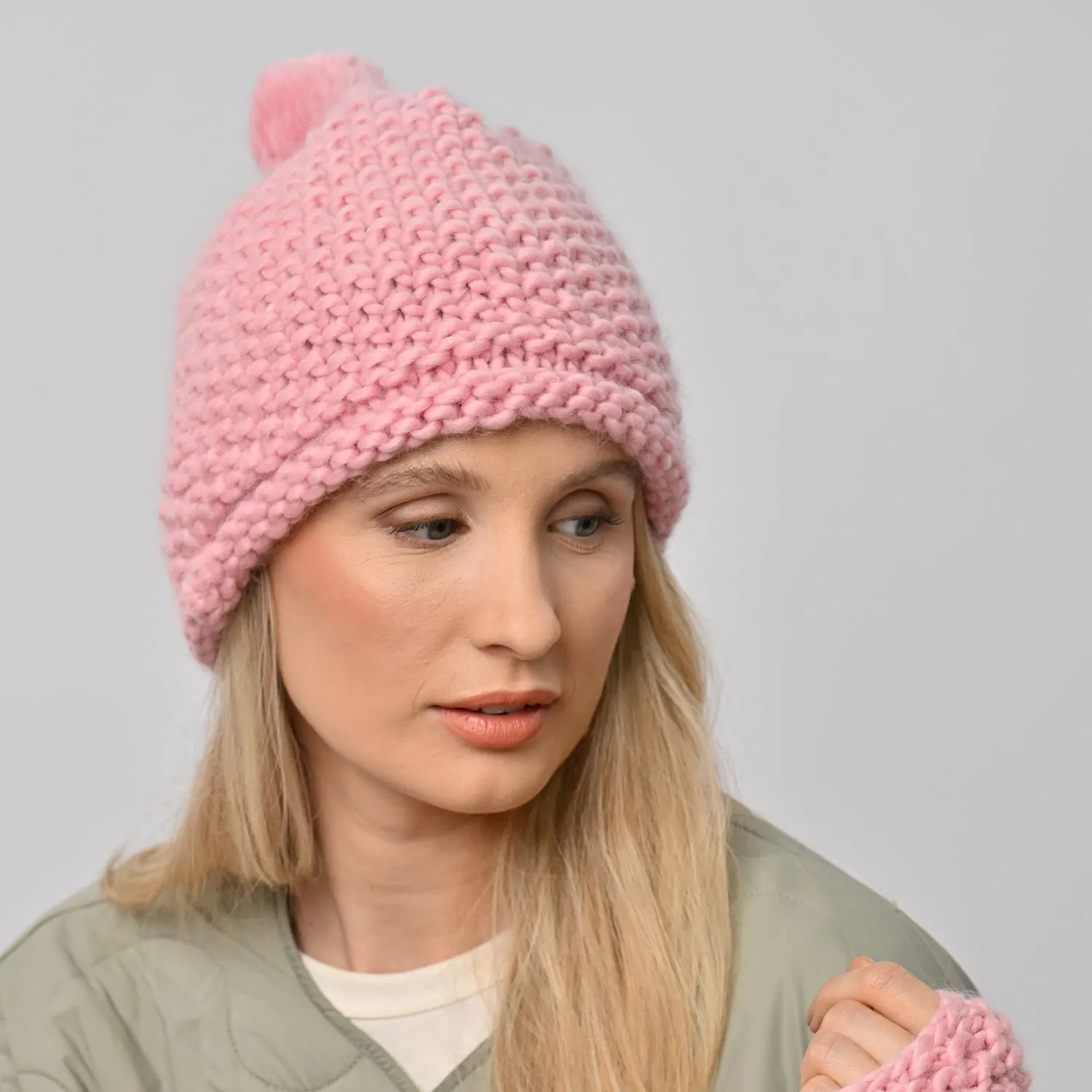 Ivy Hat and Fingerless Gloves Knitting Kit - Baby Pink