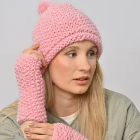 Ivy Hat and Fingerless Gloves Knitting Kit - Baby Pink