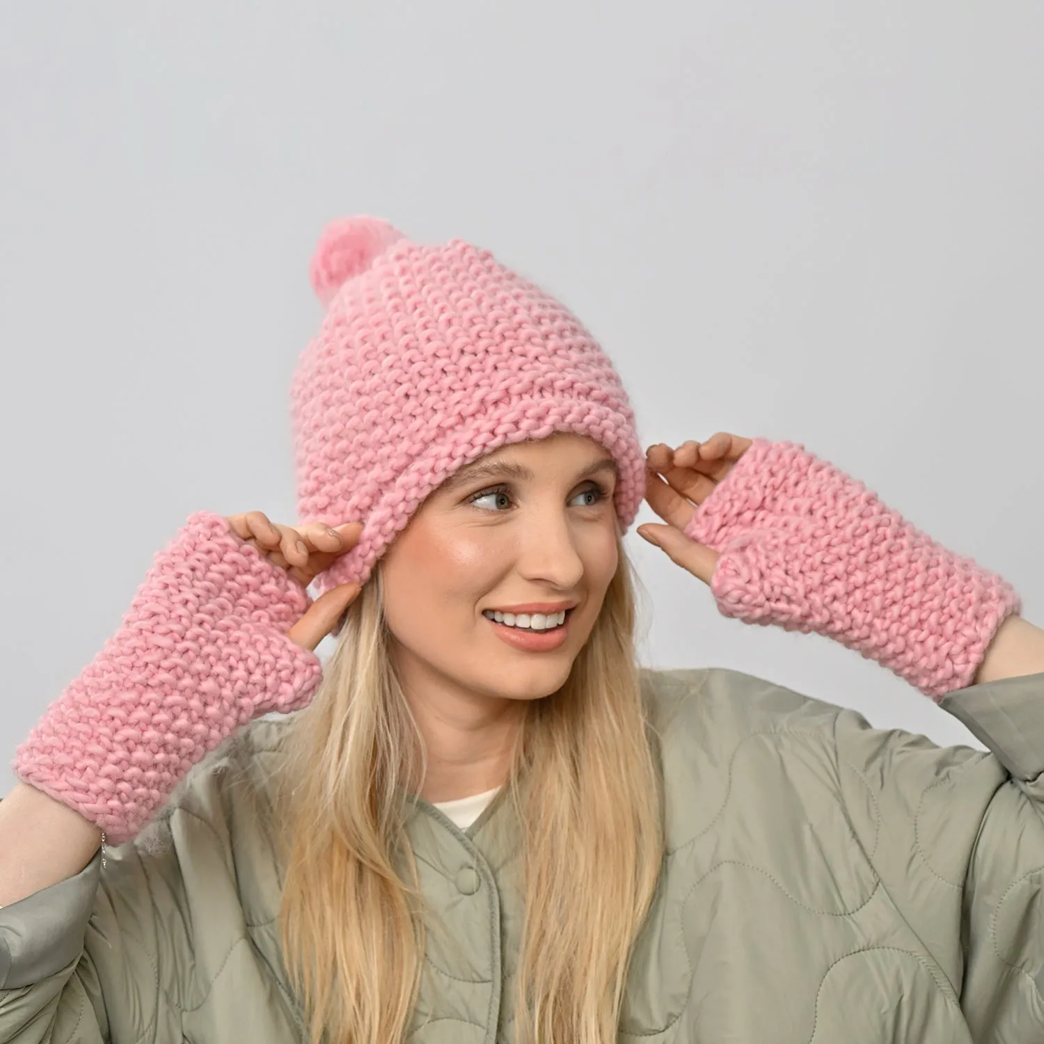 Ivy Hat and Fingerless Gloves Knitting Kit - Baby Pink