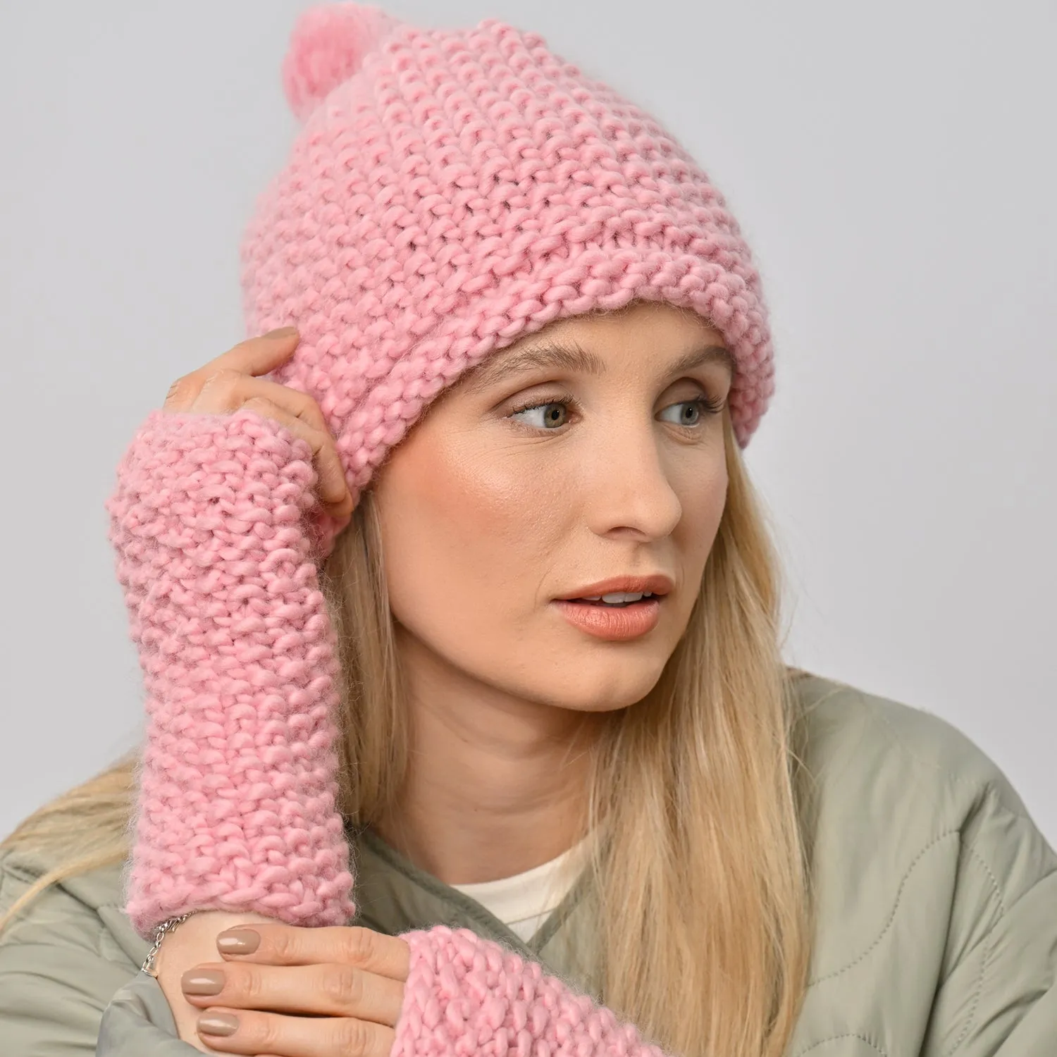 Ivy Hat and Fingerless Gloves Knitting Kit - Baby Pink