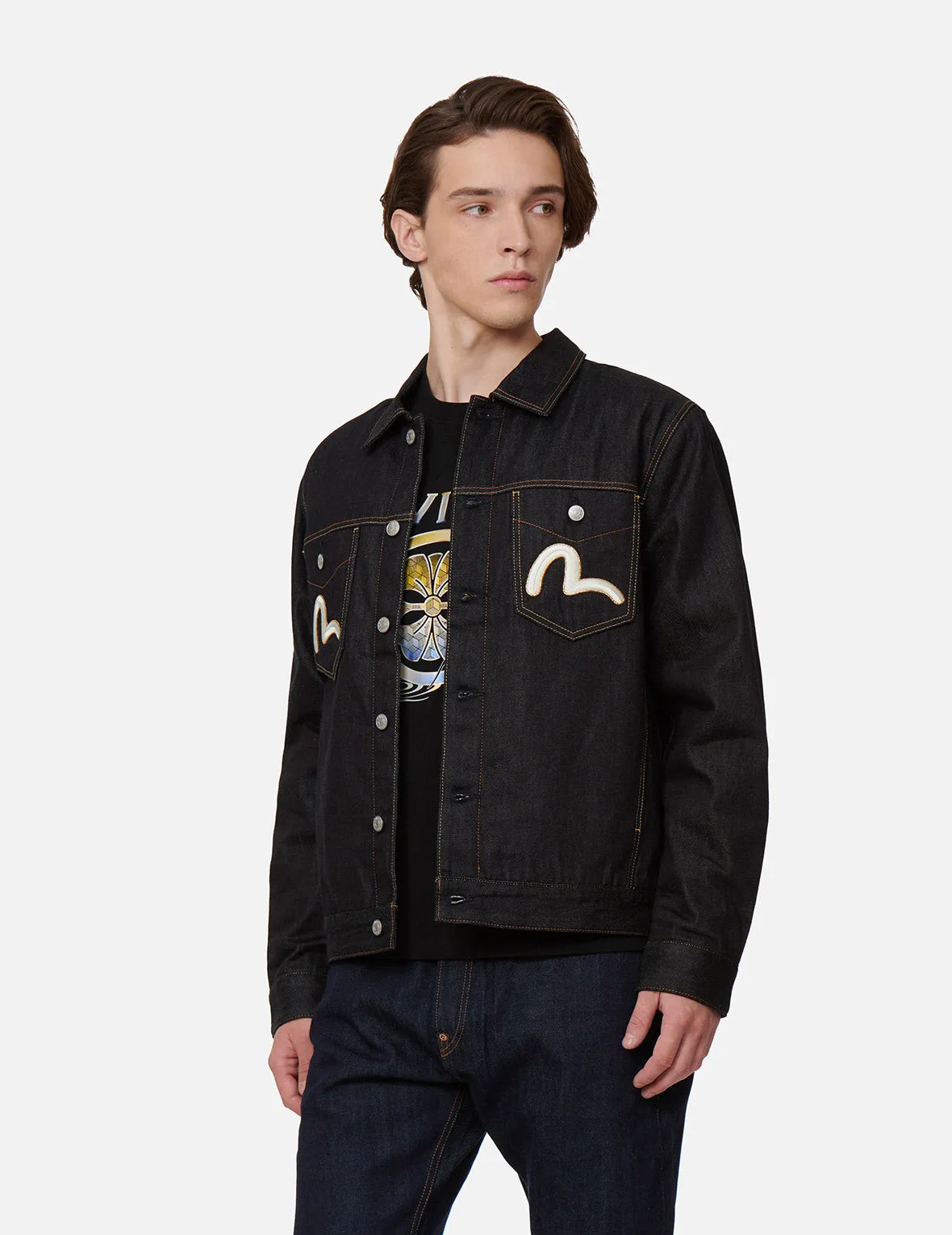 Koi-pattern Kamon and Logo Embroidery Denim Jacket