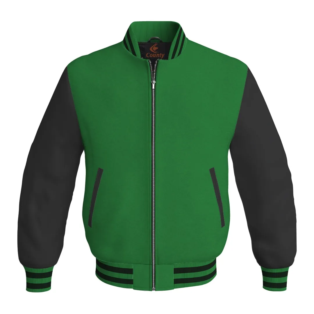 Ladies Varsity Jacket Green Body and Black Leather Sleeves Bomber Jacket