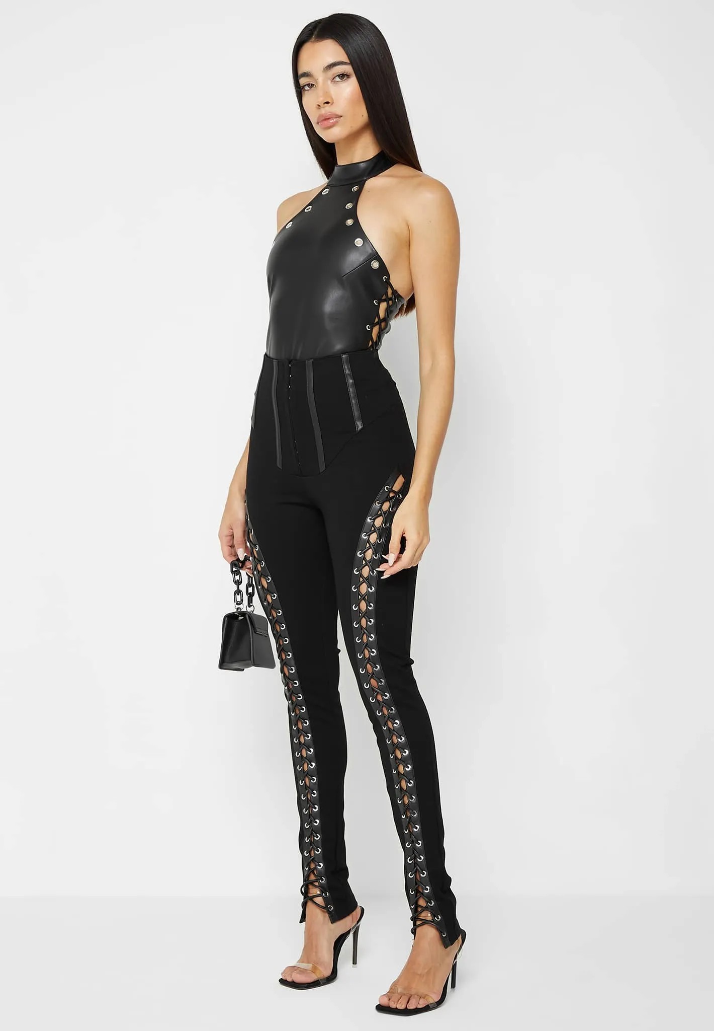 Leather Lace Up Halterneck Bodysuit - Black