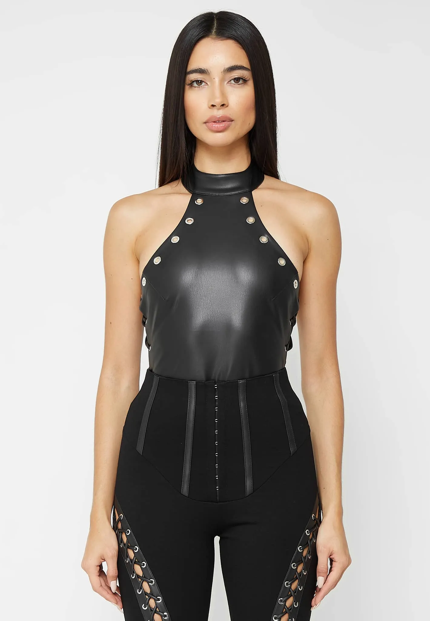 Leather Lace Up Halterneck Bodysuit - Black