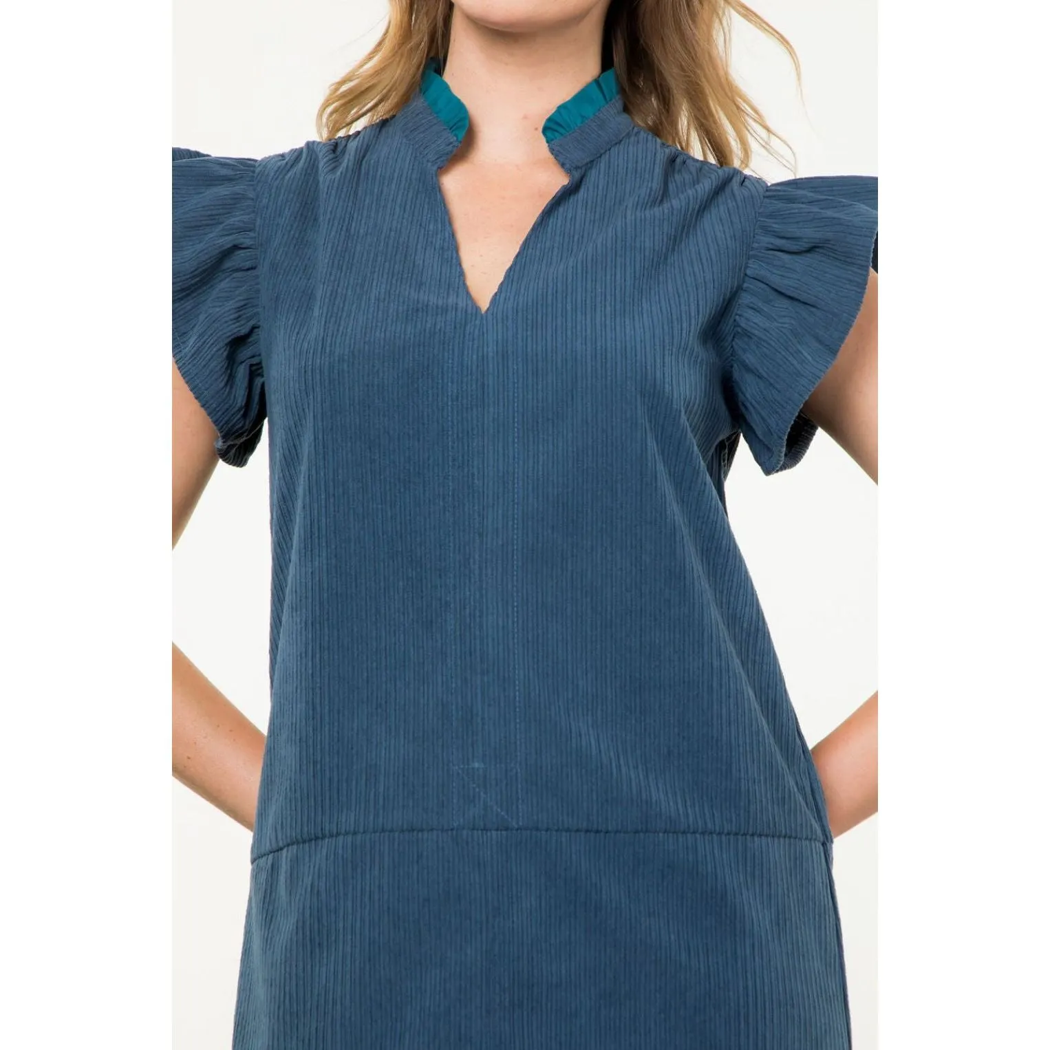 Liz Teal Flutter Sleeve Corduroy THML Dress