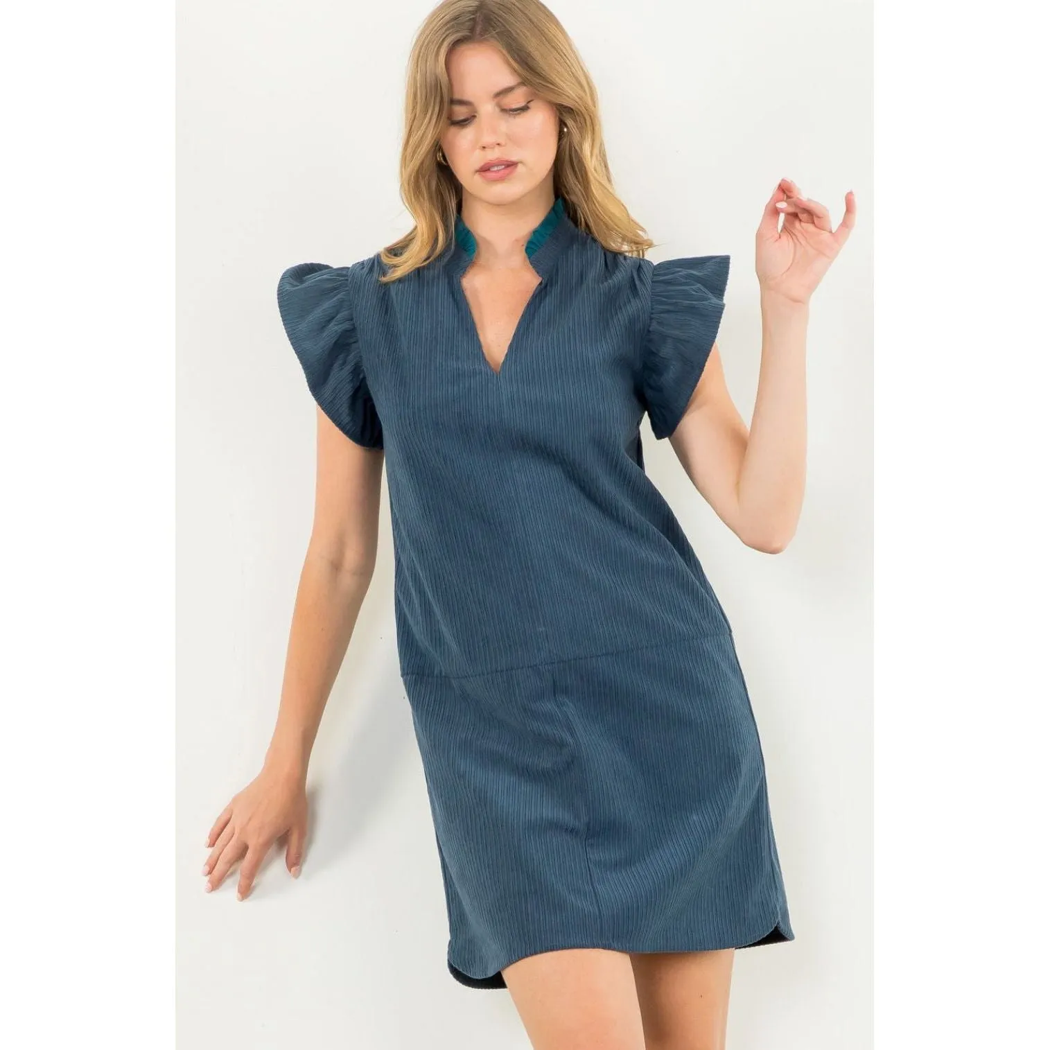 Liz Teal Flutter Sleeve Corduroy THML Dress