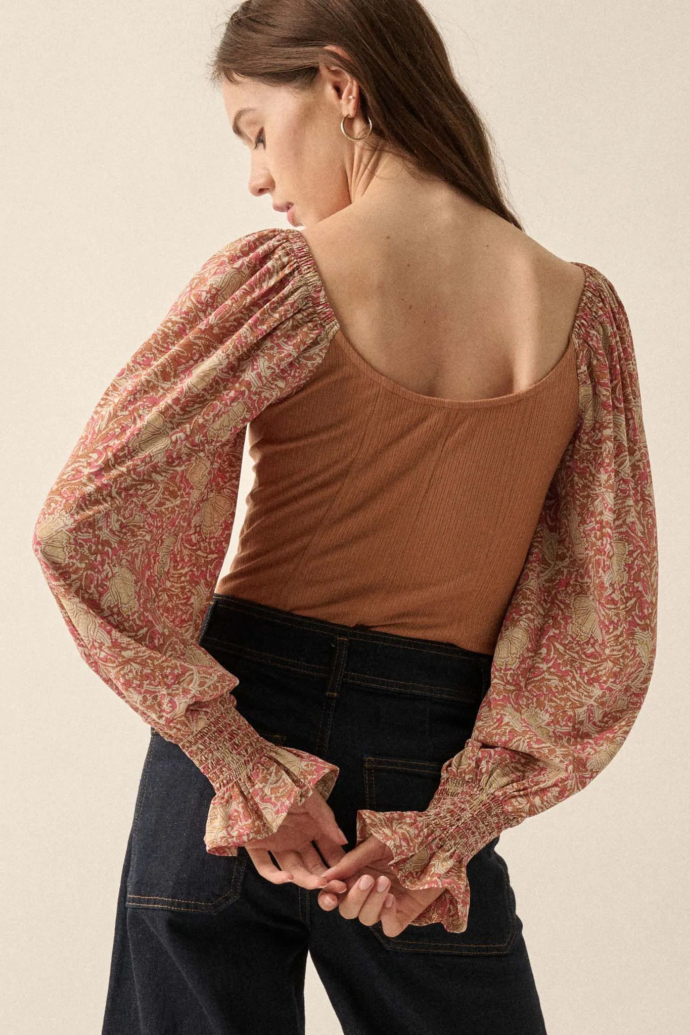 Magic Garden Floral-Sleeve Ribbed Knit Bodysuit