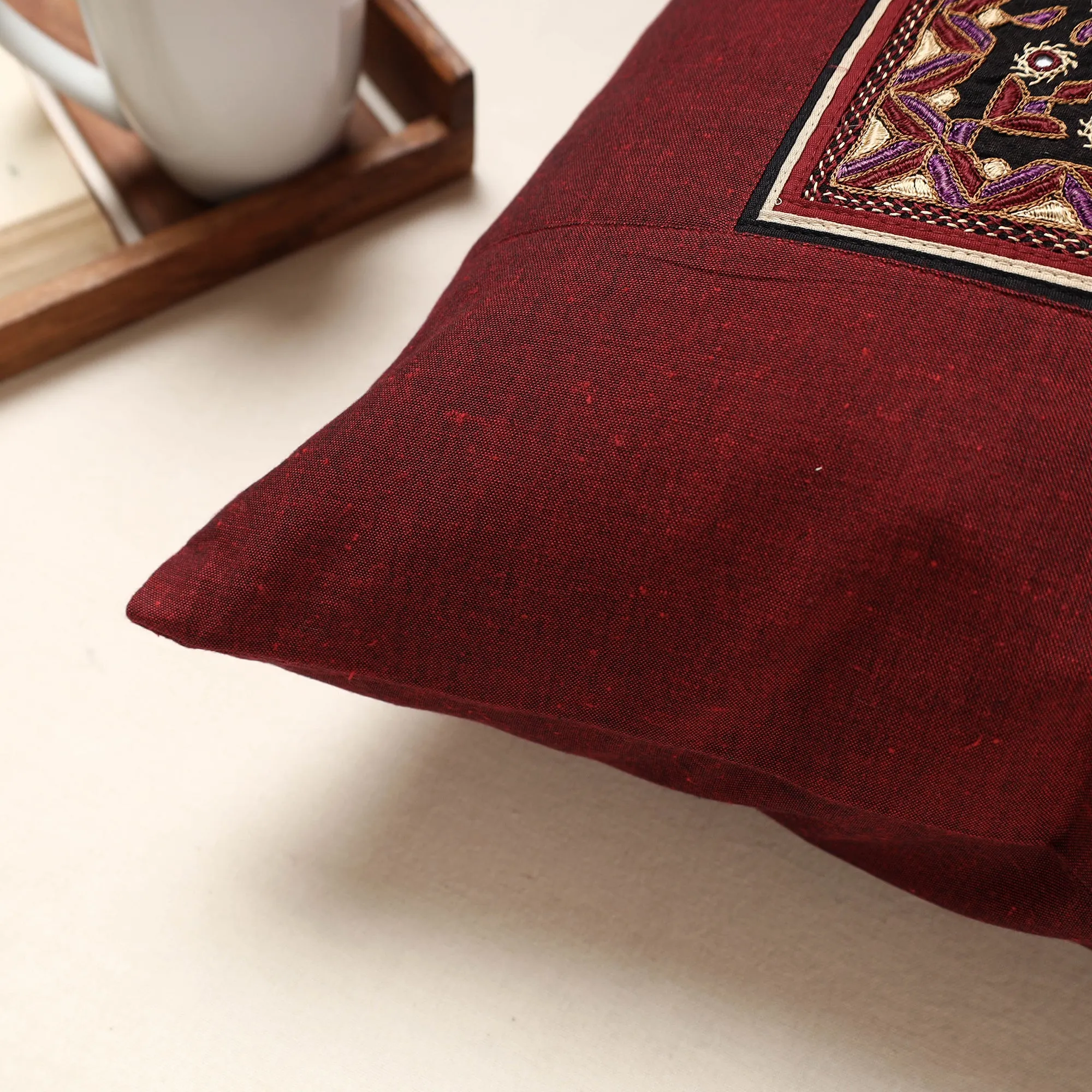 Maroon - Kutch Pakko Hand Embroidery Cotton Cushion Cover (16 x 16 in)