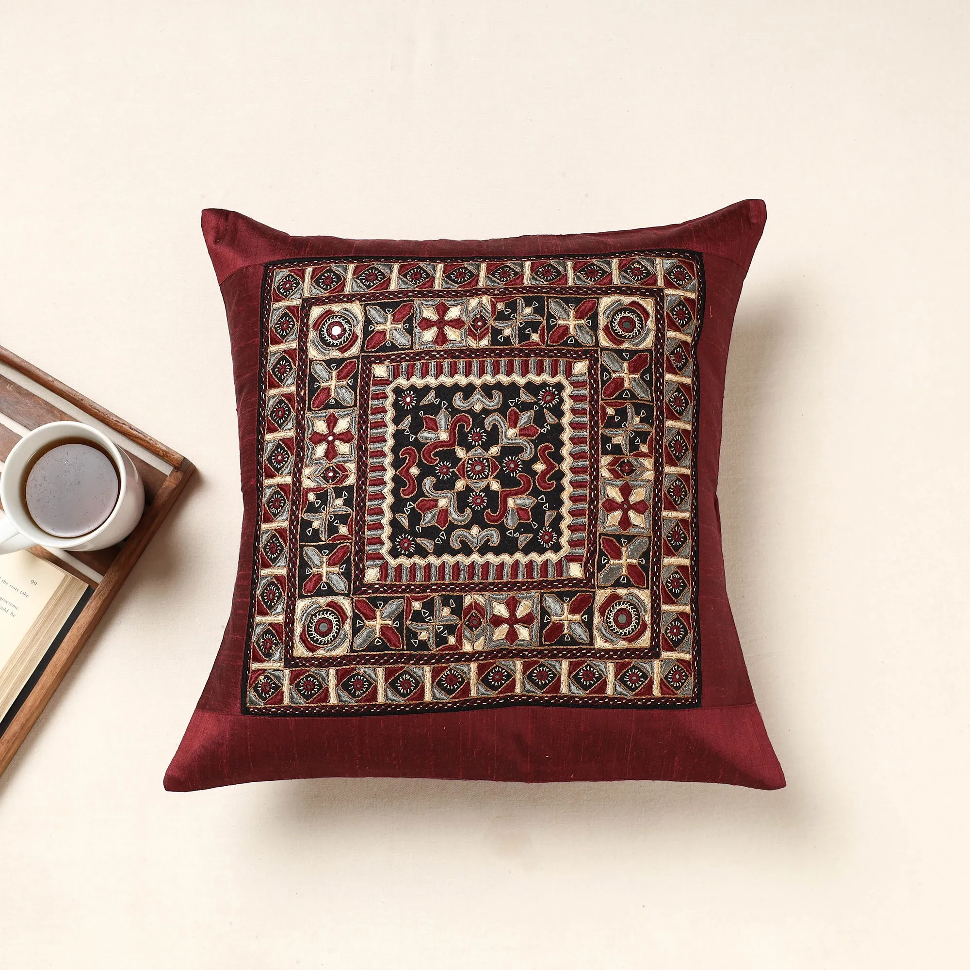 Maroon - Kutch Pakko Hand Embroidery Silk Cushion Cover (16 x 16 in)