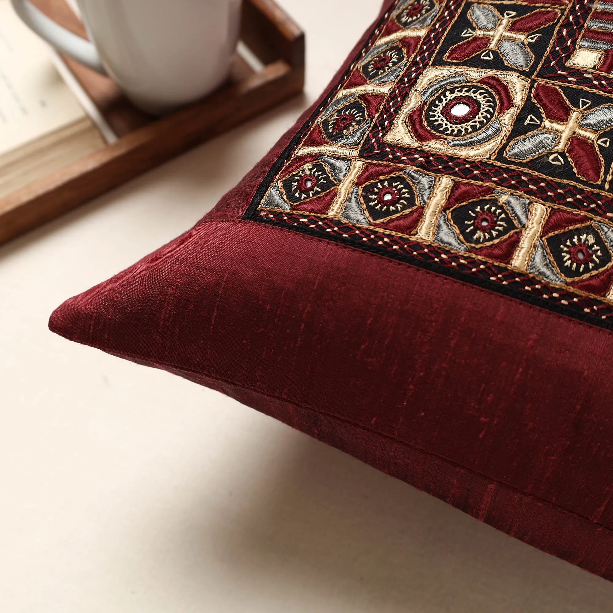 Maroon - Kutch Pakko Hand Embroidery Silk Cushion Cover (16 x 16 in)