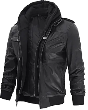 Men Black Leather Motorcycle Jacket with Removable Hood | Men Black Motorcycle Leather Jacket with Removable Hood