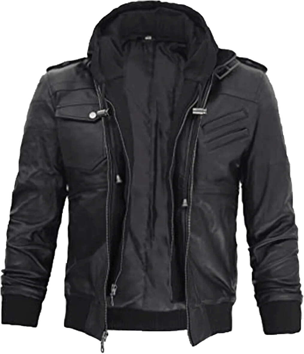 Men Black Leather Motorcycle Jacket with Removable Hood | Men Black Motorcycle Leather Jacket with Removable Hood