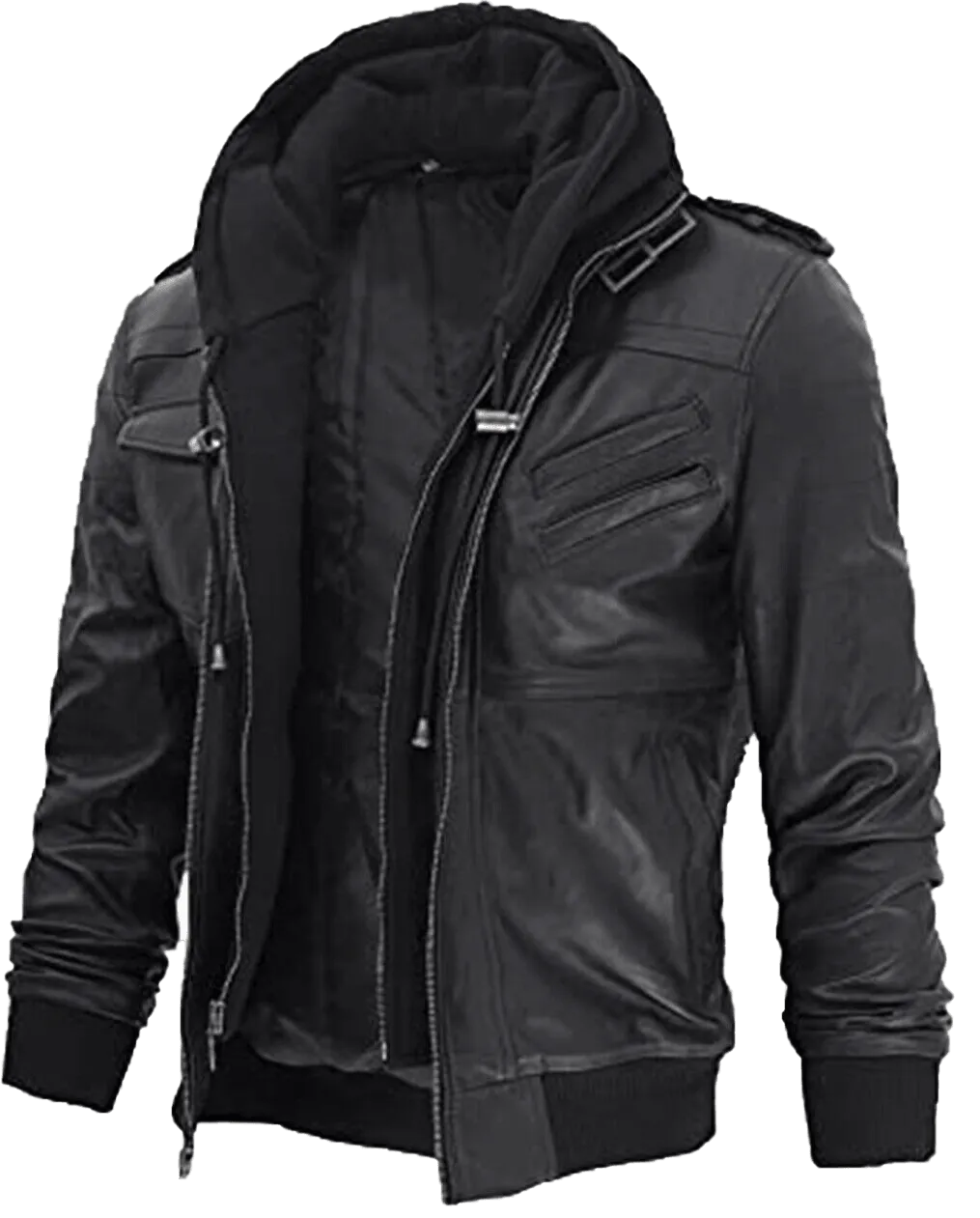 Men Black Leather Motorcycle Jacket with Removable Hood | Men Black Motorcycle Leather Jacket with Removable Hood