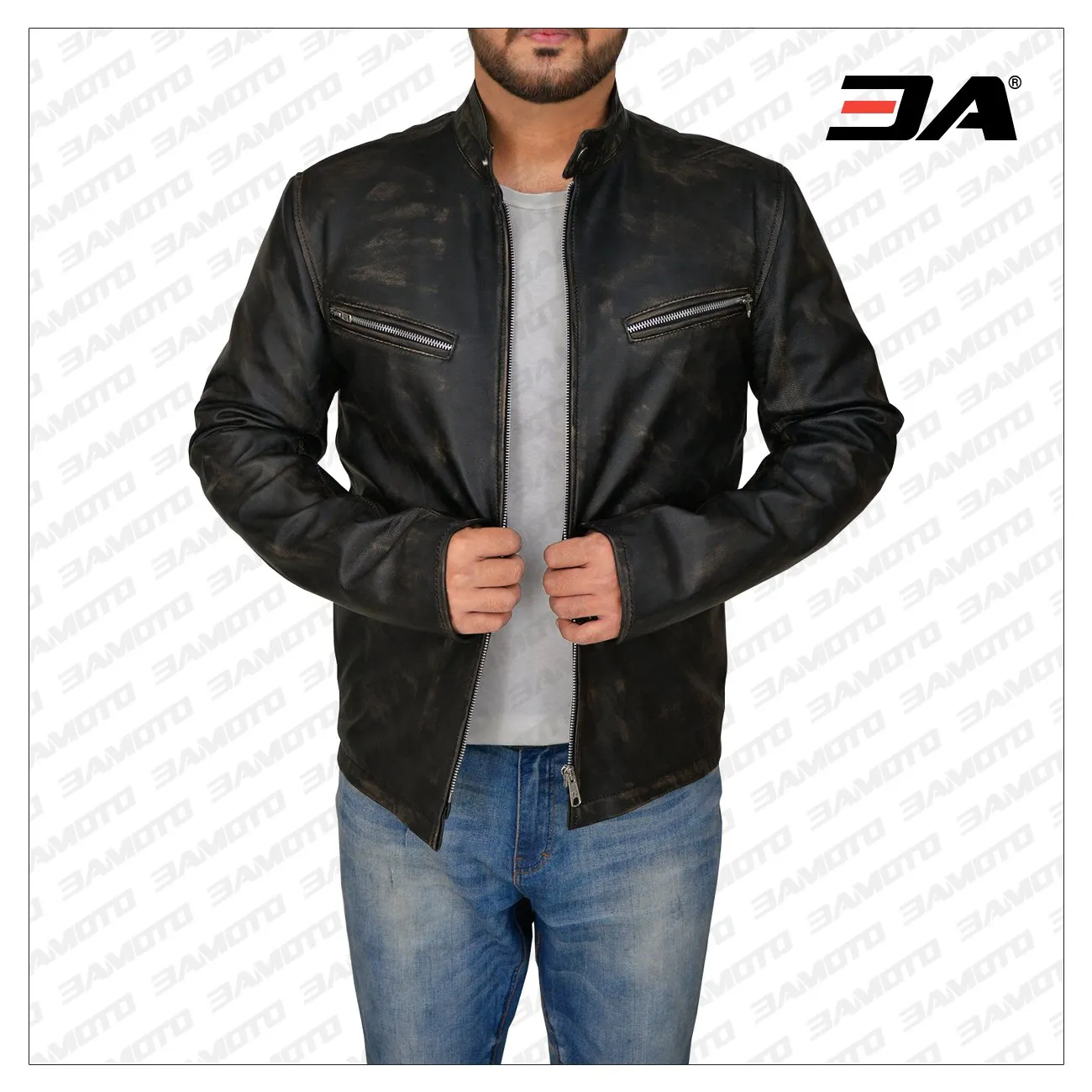 Men Distressed Black Cafe Racer Jacket