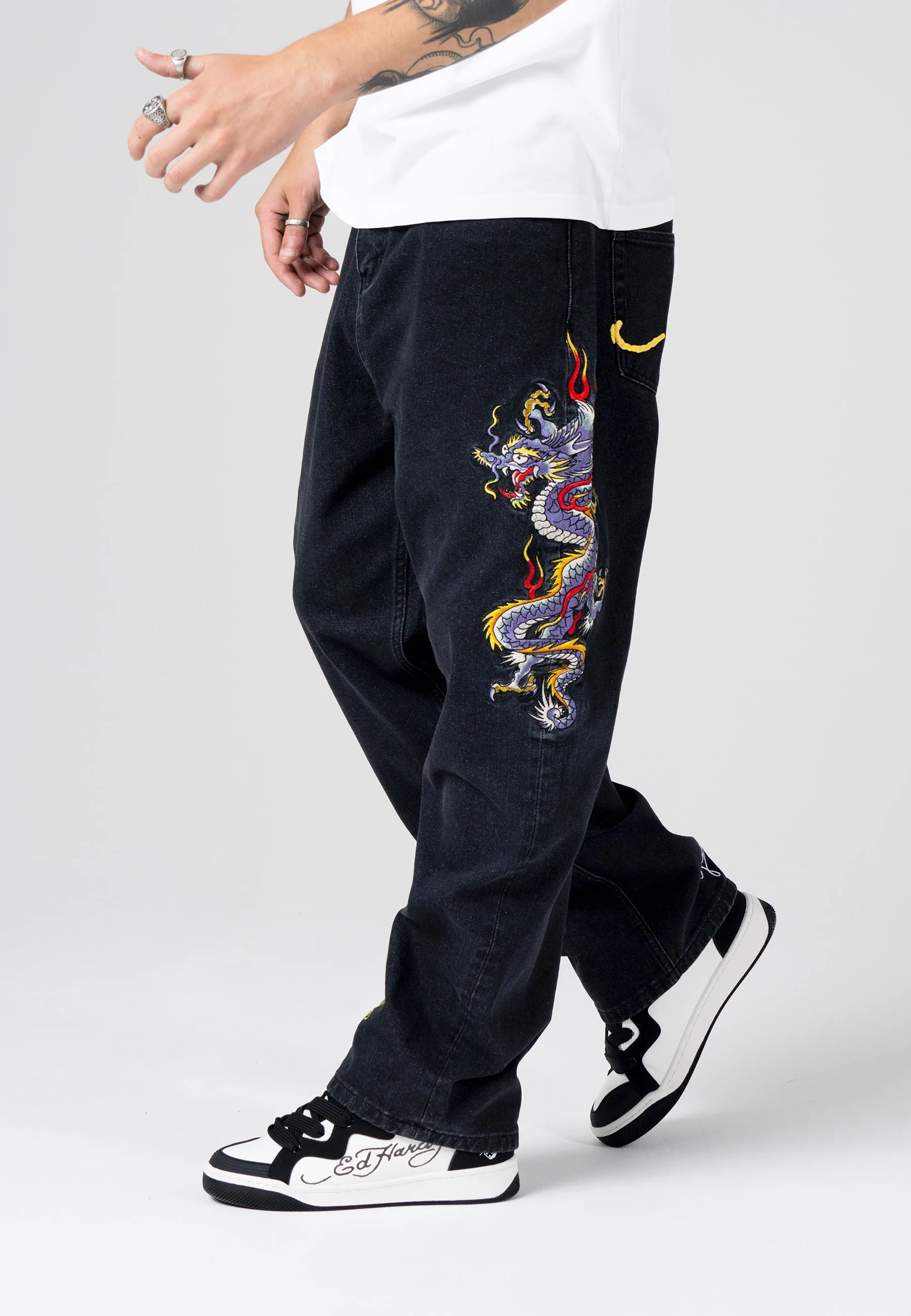 Mens Battle-Dragon Tattoo Denim Trousers Baggy Jeans - Black