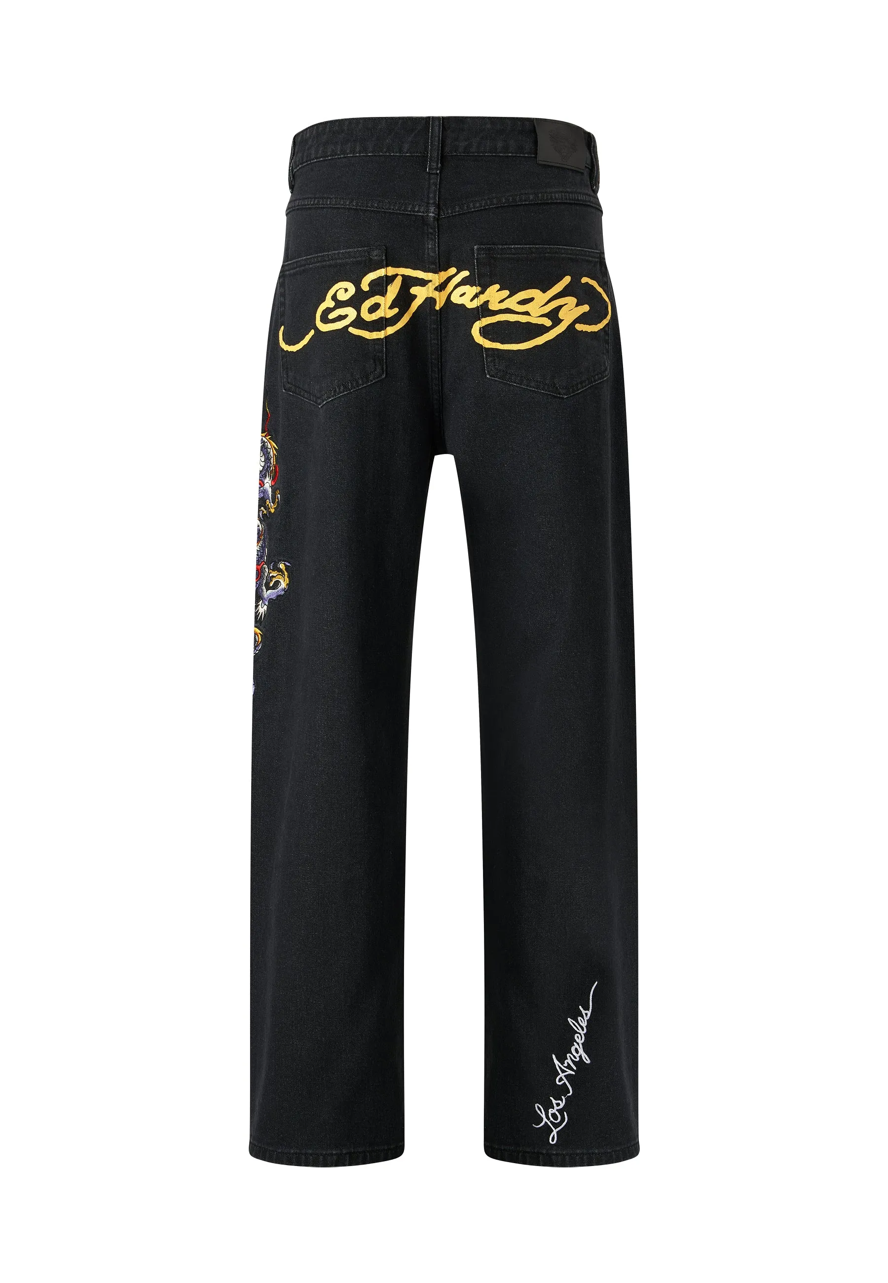 Mens Battle-Dragon Tattoo Denim Trousers Baggy Jeans - Black