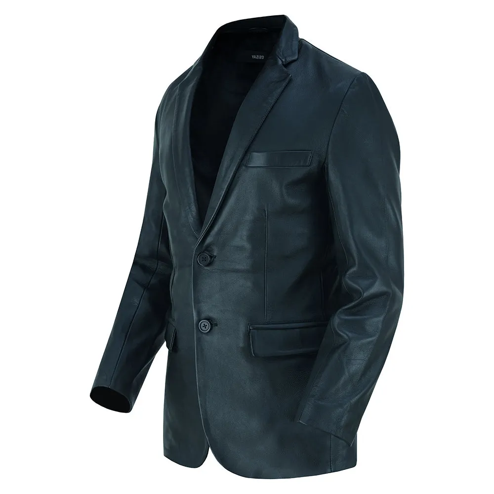 Mens Two Button Navy Leather Blazer