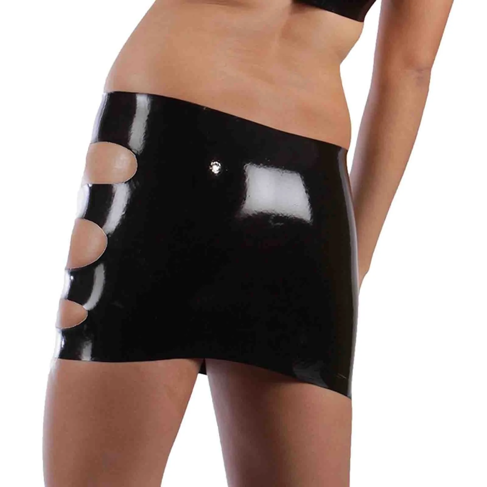 MONNIK Latex Rubber Women Black Miniskirt with Open Hip Short Skirt for Latex Fetish Catsuit Cosplay Club Halloween party wear