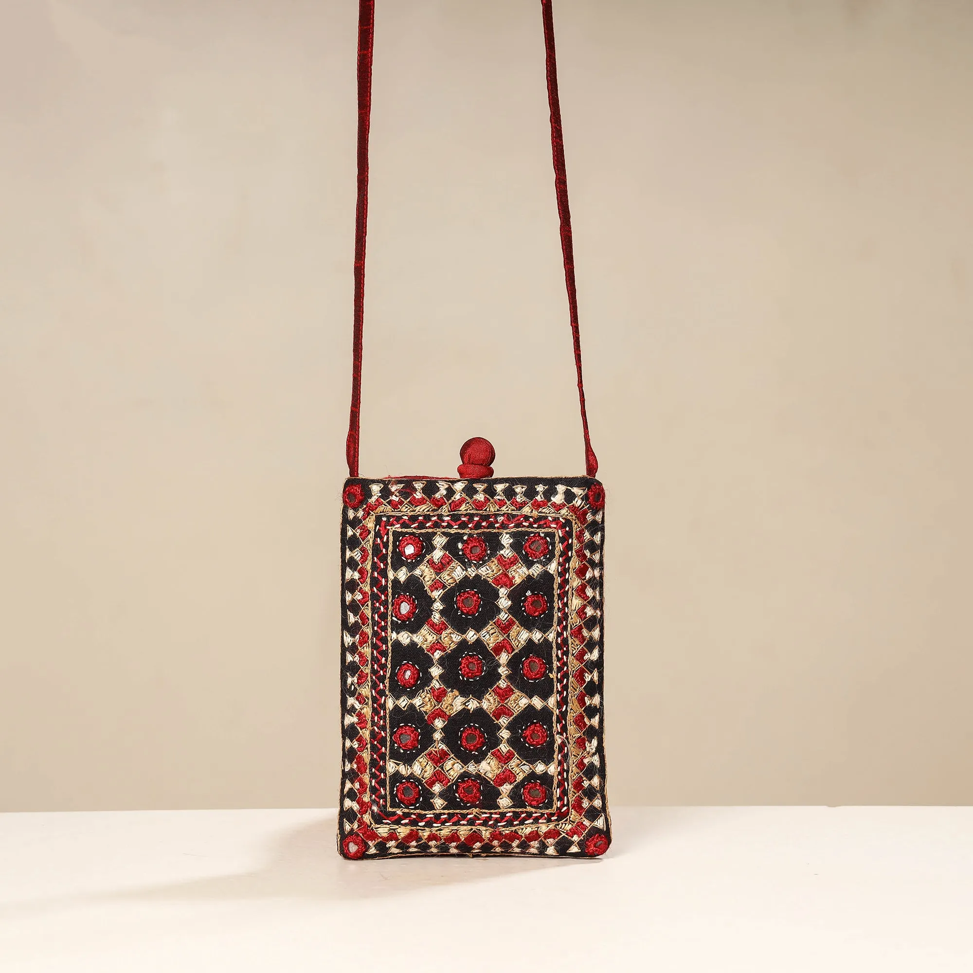 Multicolor - Kutch Neran Embroidery Mashru Silk Mobile Sling Bag