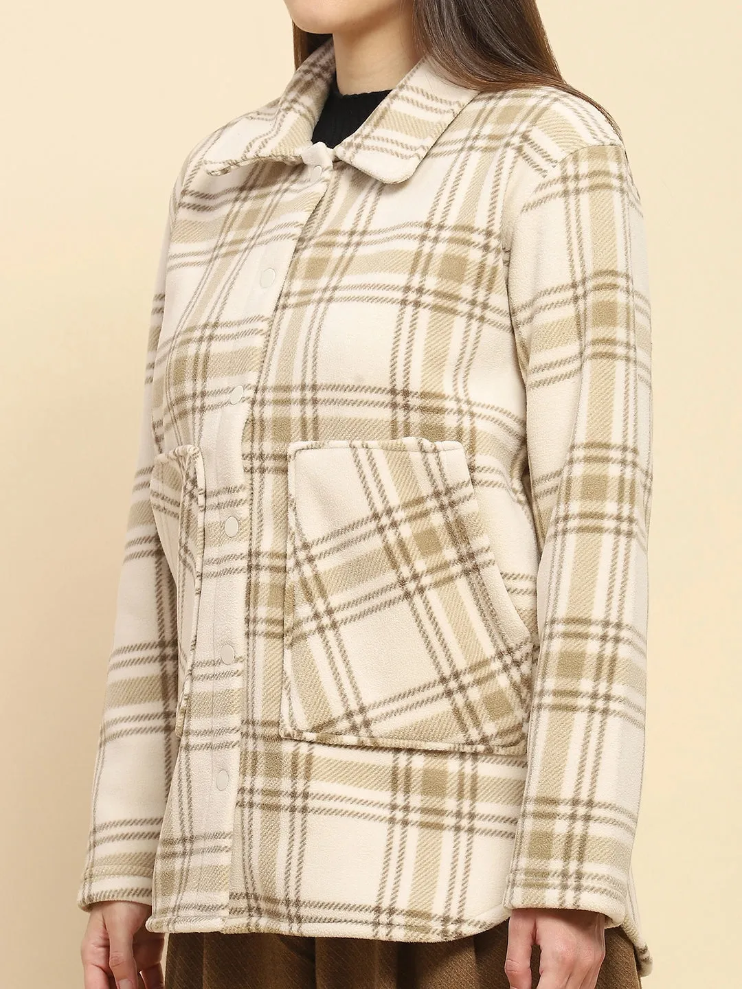 Natural Poly Blend Checkered Relaxed Fit Shacket For Winter