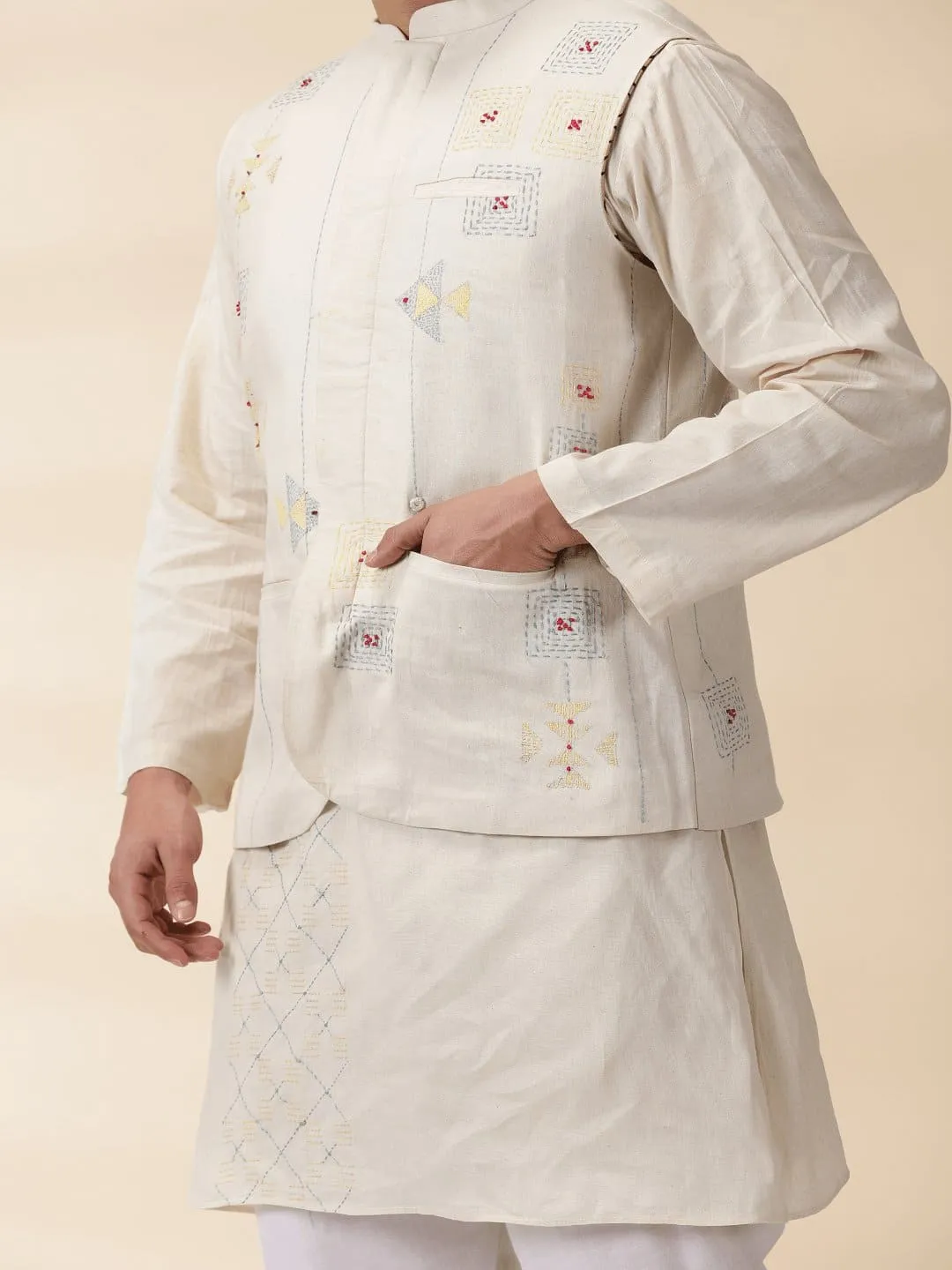 Off White Khadi Men Nehru Jacket