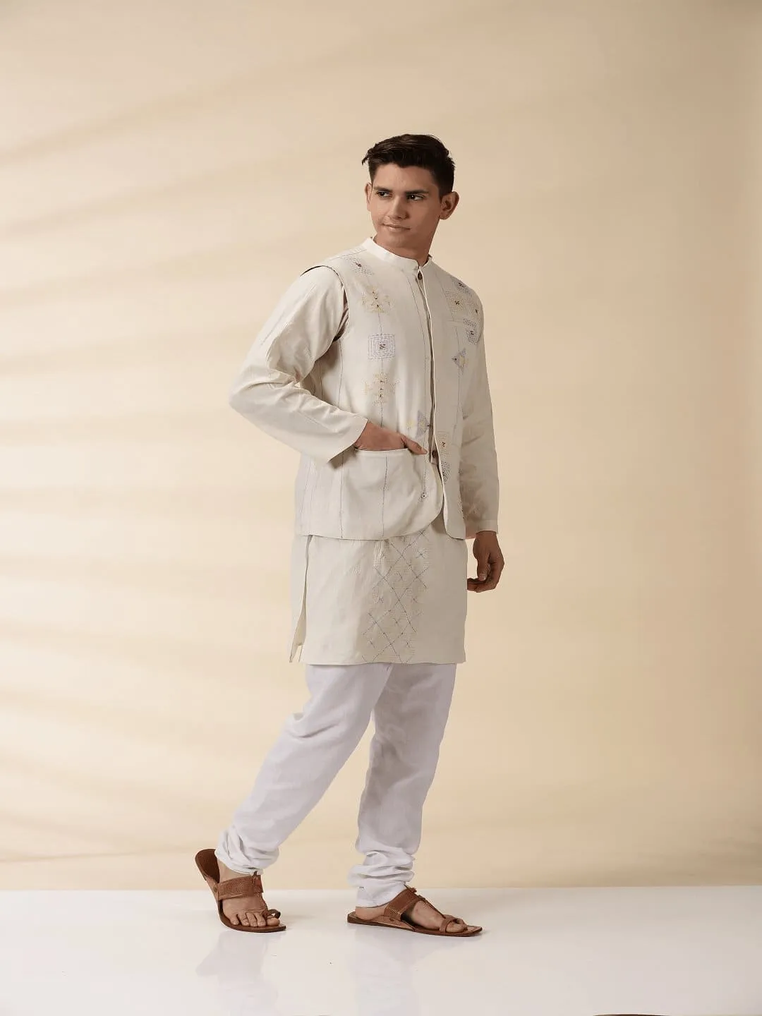 Off White Khadi Men Nehru Jacket