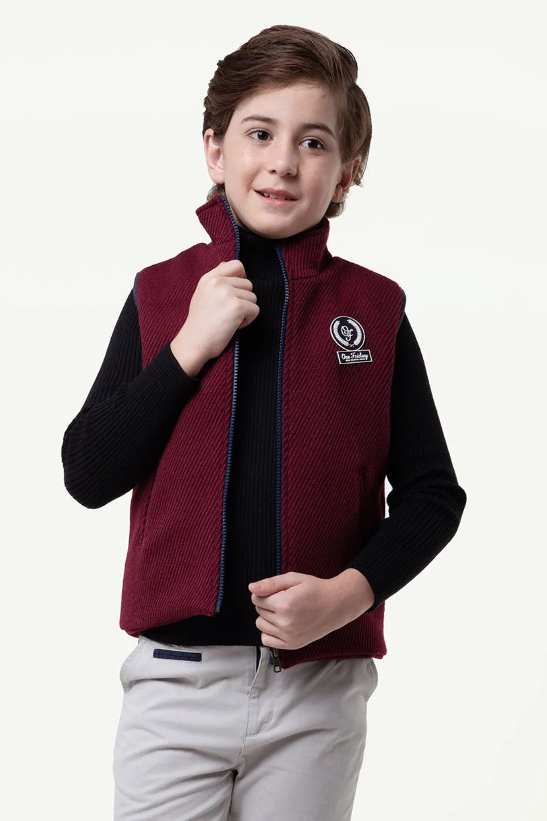 One Friday Kids Boys Wine Solid Sleeveless Jacket