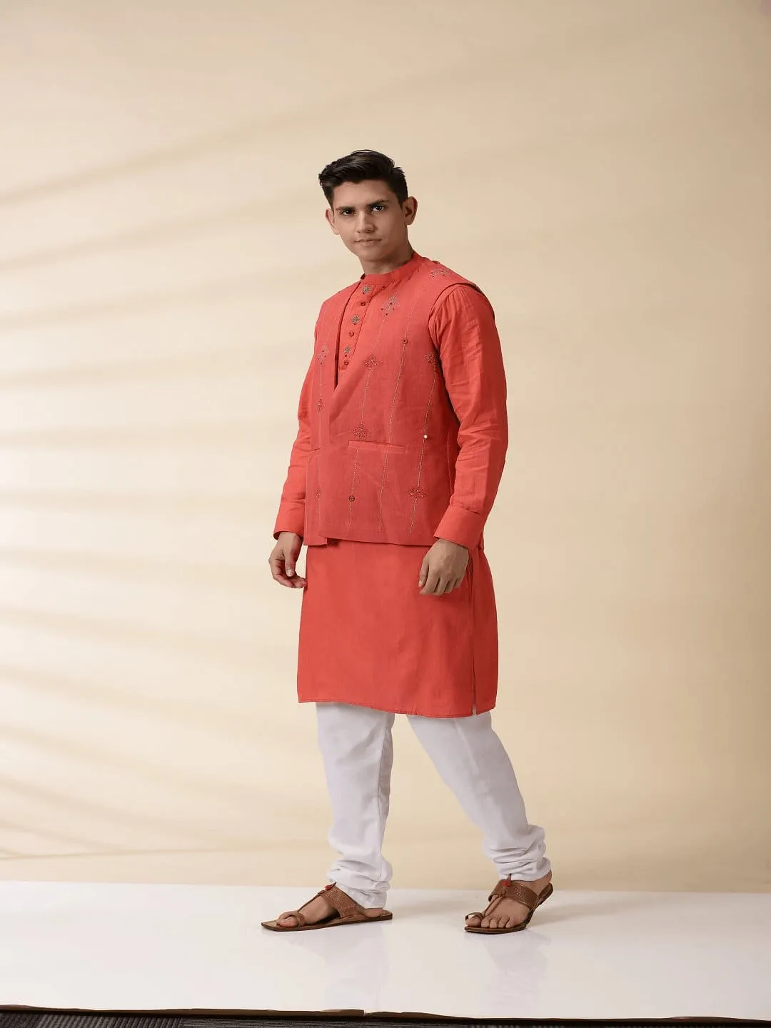 Orange Khadi Men Nehru Jacket