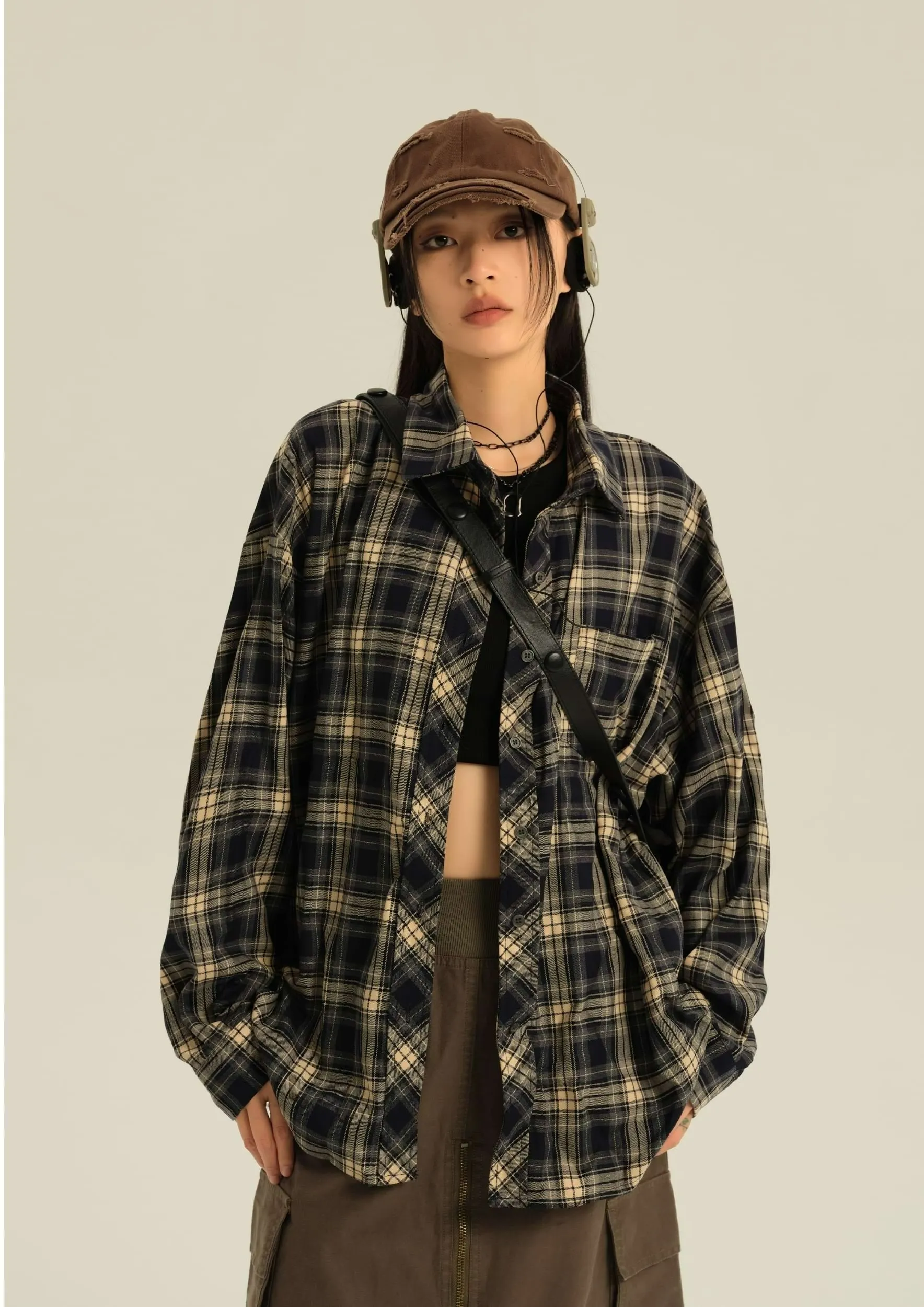 Oversized Single Pocket Plaid Shirt