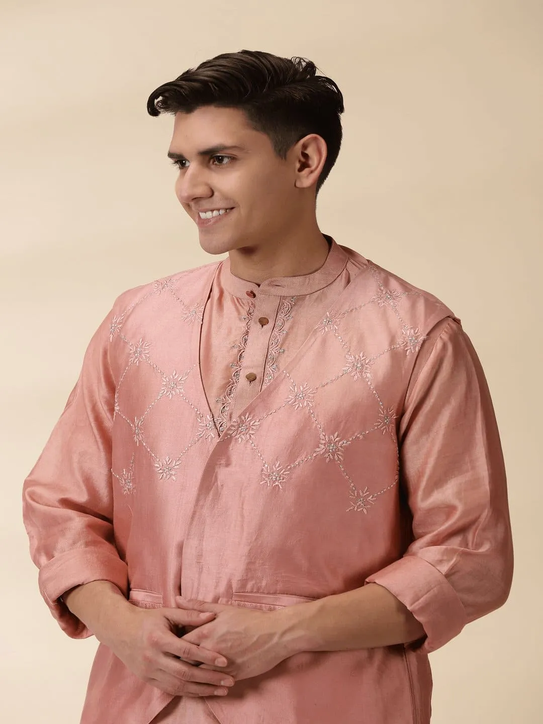 Peach Chanderi Men Nehru Jacket