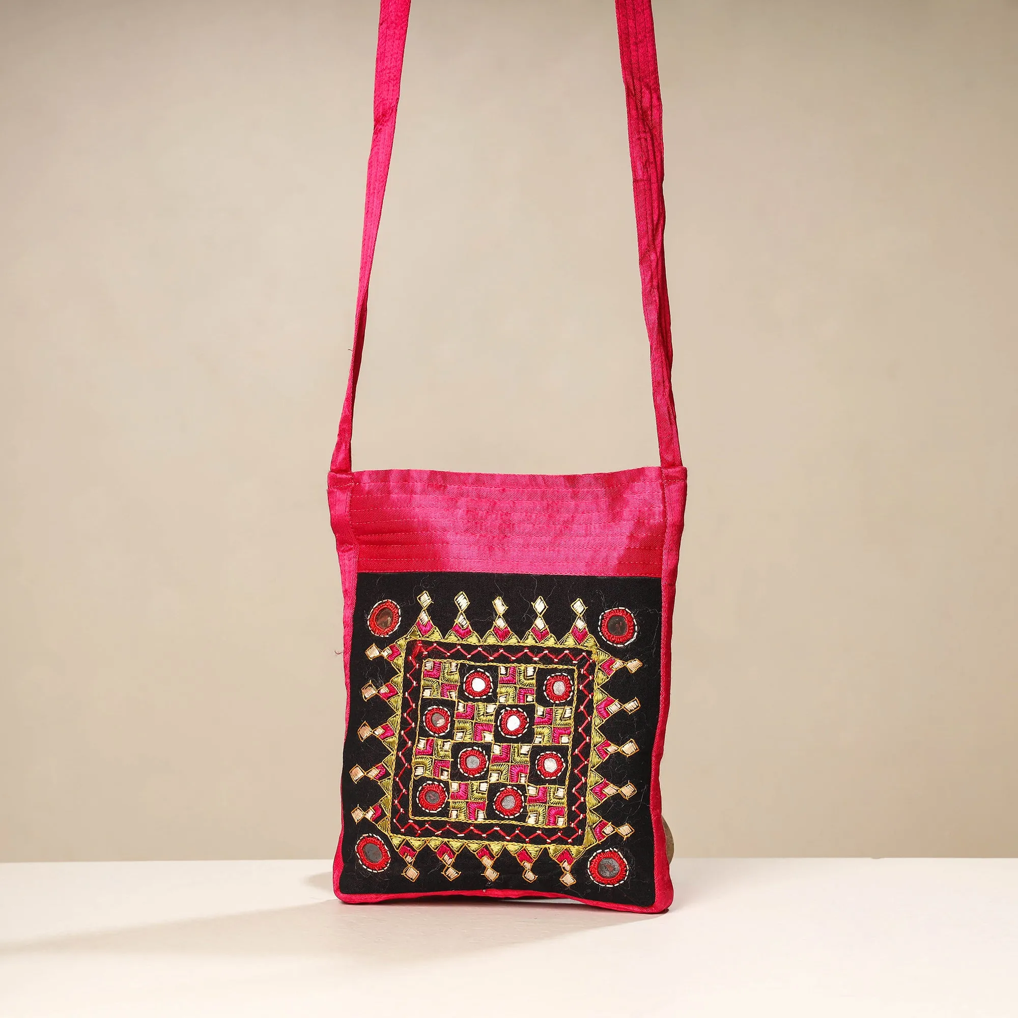 Pink - Kutch Neran Embroidery Mashru Silk Sling Bag