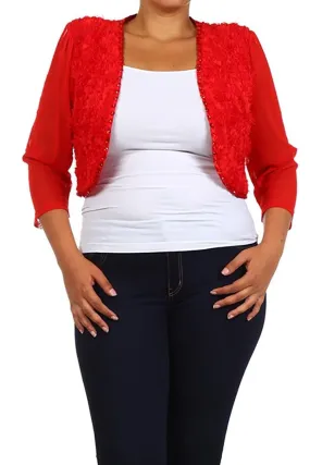 Plus Size Mesh & Floral Bolero Open Front Jacket Red