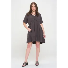 PLUS SIZE SHORT SLV BUTTON DOWN V-NECK SHORT DRESS