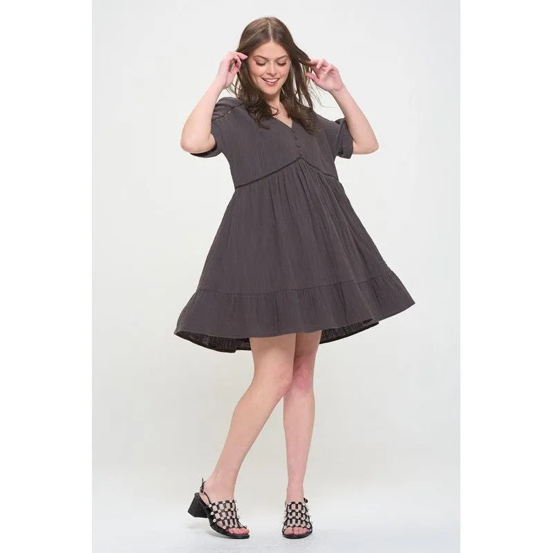 PLUS SIZE SHORT SLV BUTTON DOWN V-NECK SHORT DRESS