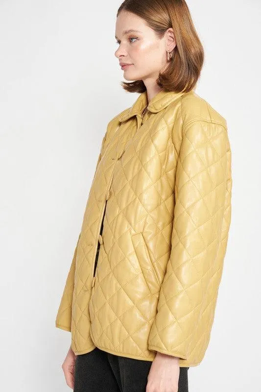 Quilted PU Leather Button Down Jacket