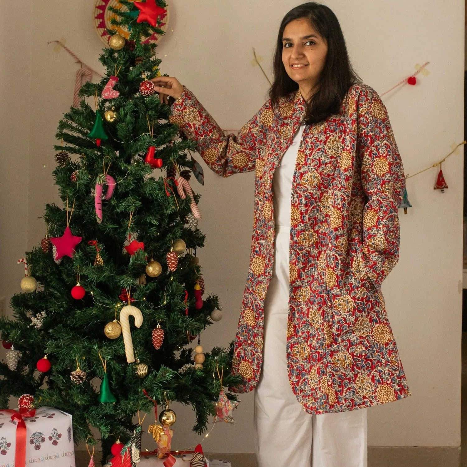 Red & Yellow Floral Jaal Cotton Winter Jacket