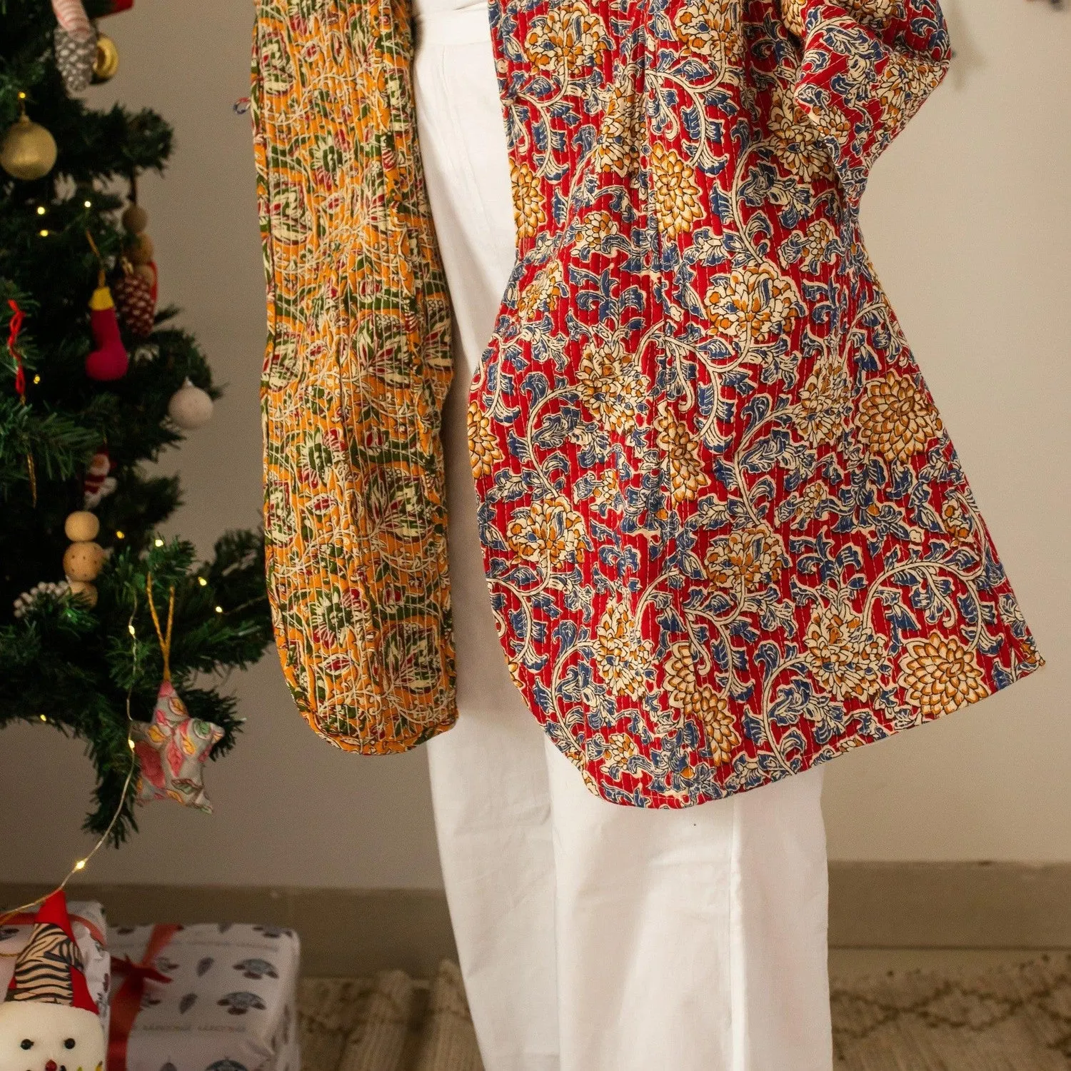 Red & Yellow Floral Jaal Cotton Winter Jacket