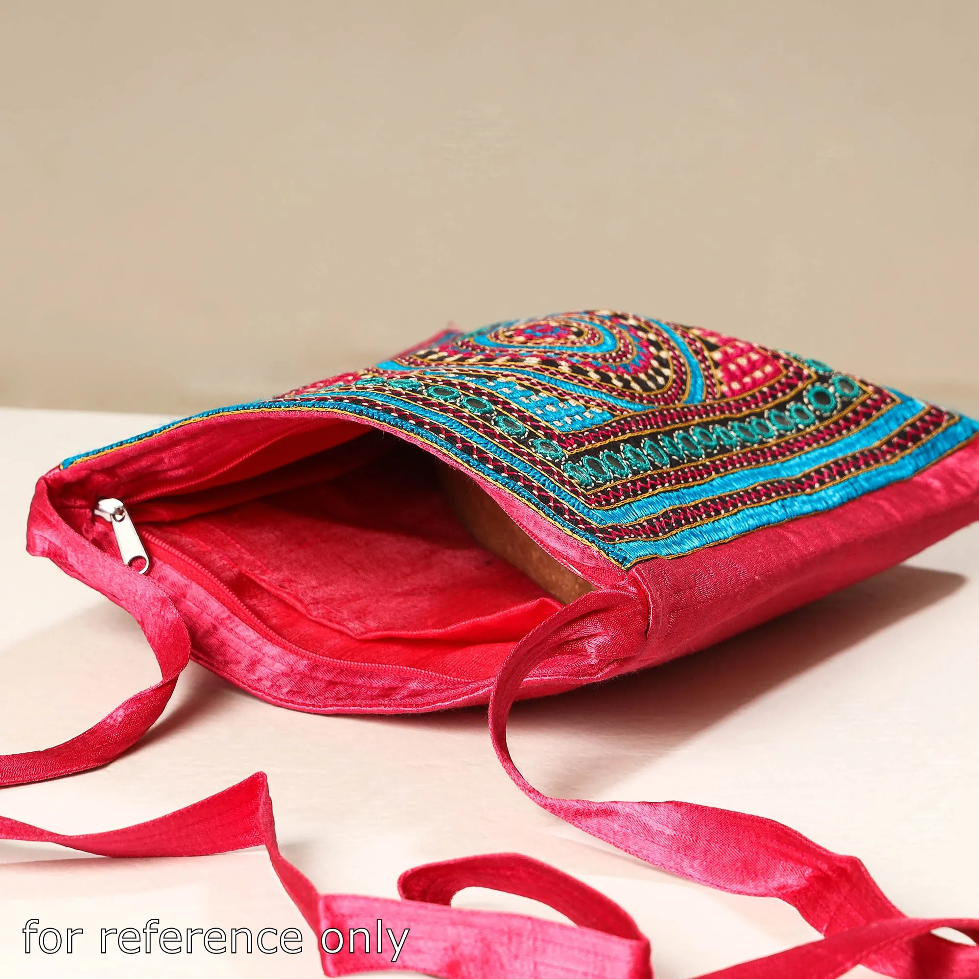 Red - Kutch Neran Embroidery Mashru Silk Sling Bag