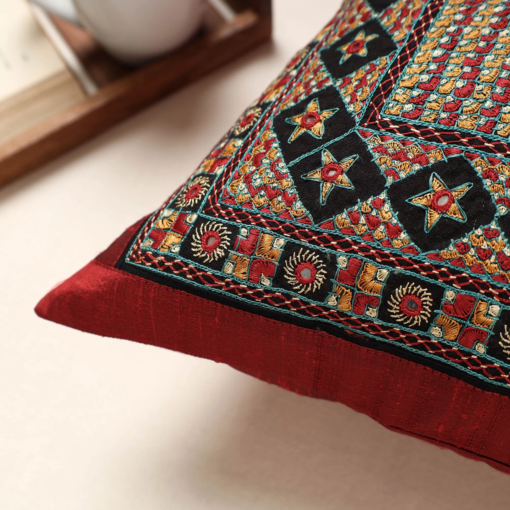 Red - Kutch Neran Hand Embroidery Silk Cushion Cover (16 x 16 in)