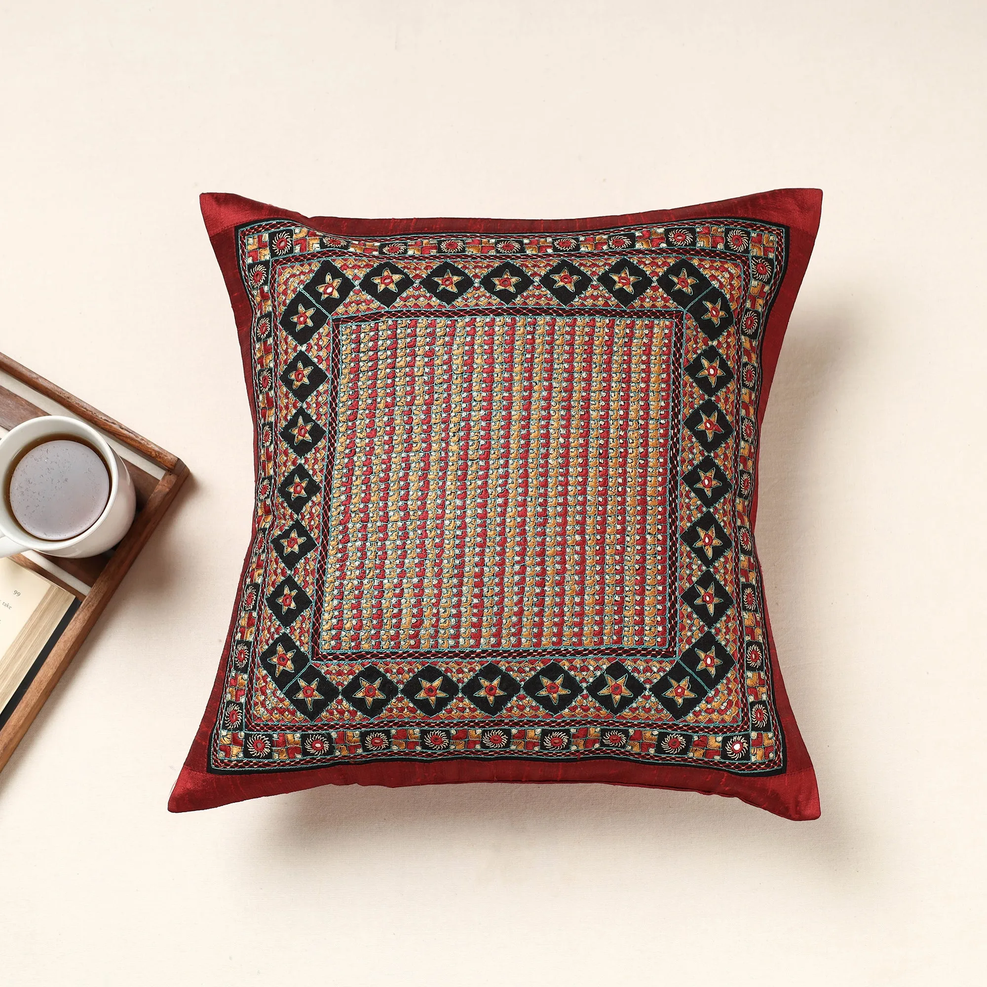 Red - Kutch Neran Hand Embroidery Silk Cushion Cover (16 x 16 in)