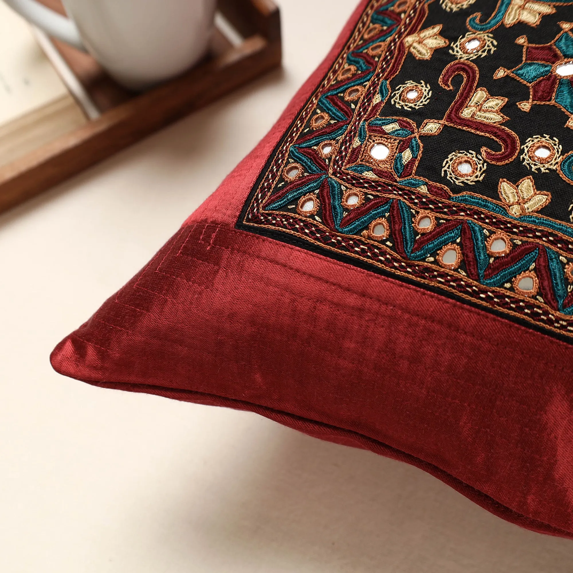 Red - Kutch Pakko Hand Embroidery Mashru Silk Cushion Cover (16 x 16 in)