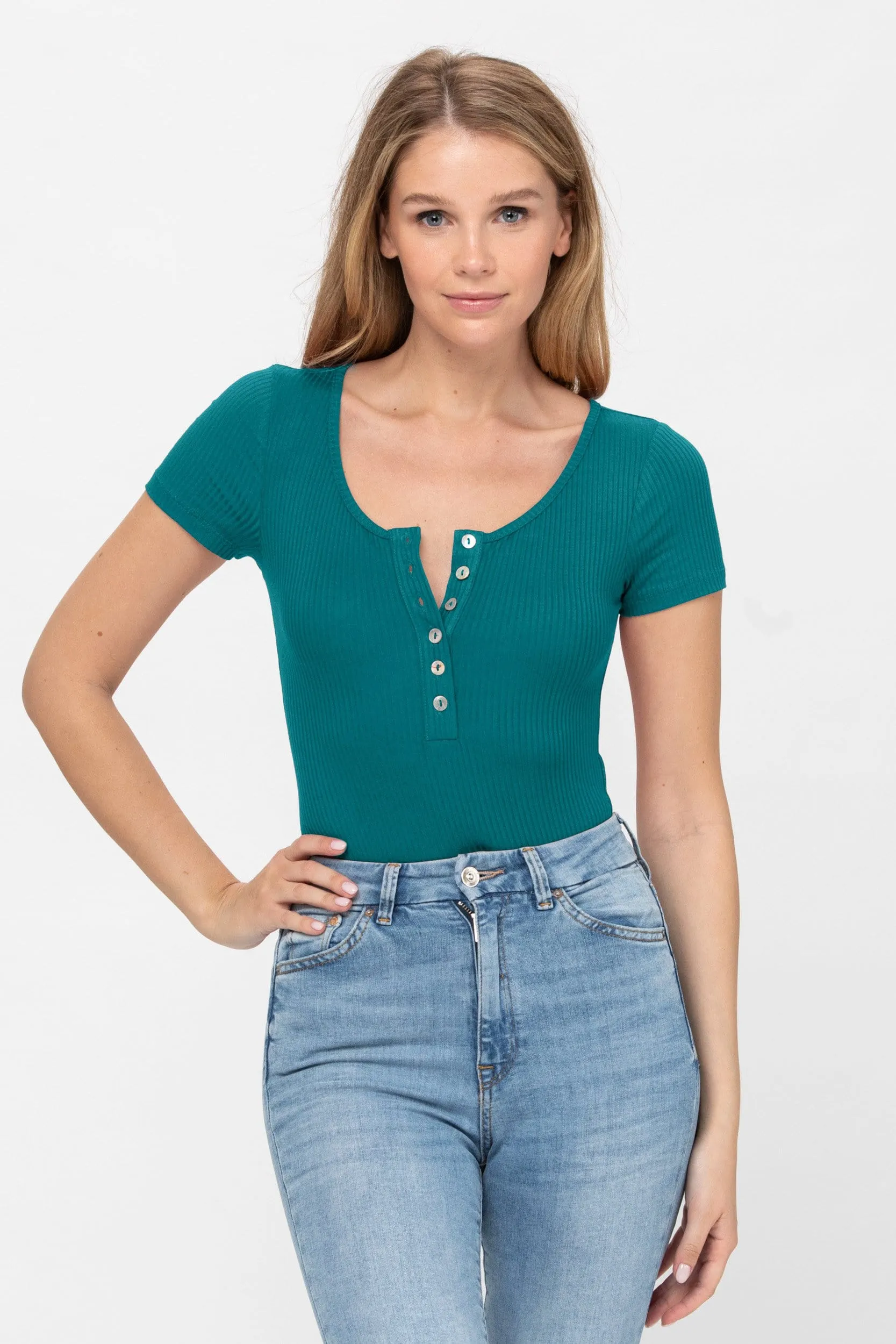 Short Sleeve Sexy Scoop Neck Tank Top Button Down Ribbed Bodysuits