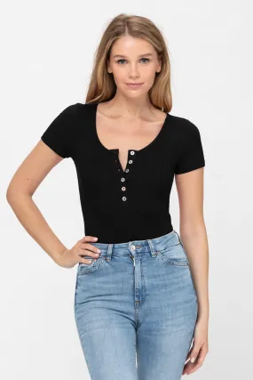 Short Sleeve Sexy Scoop Neck Tank Top Button Down Ribbed Bodysuits