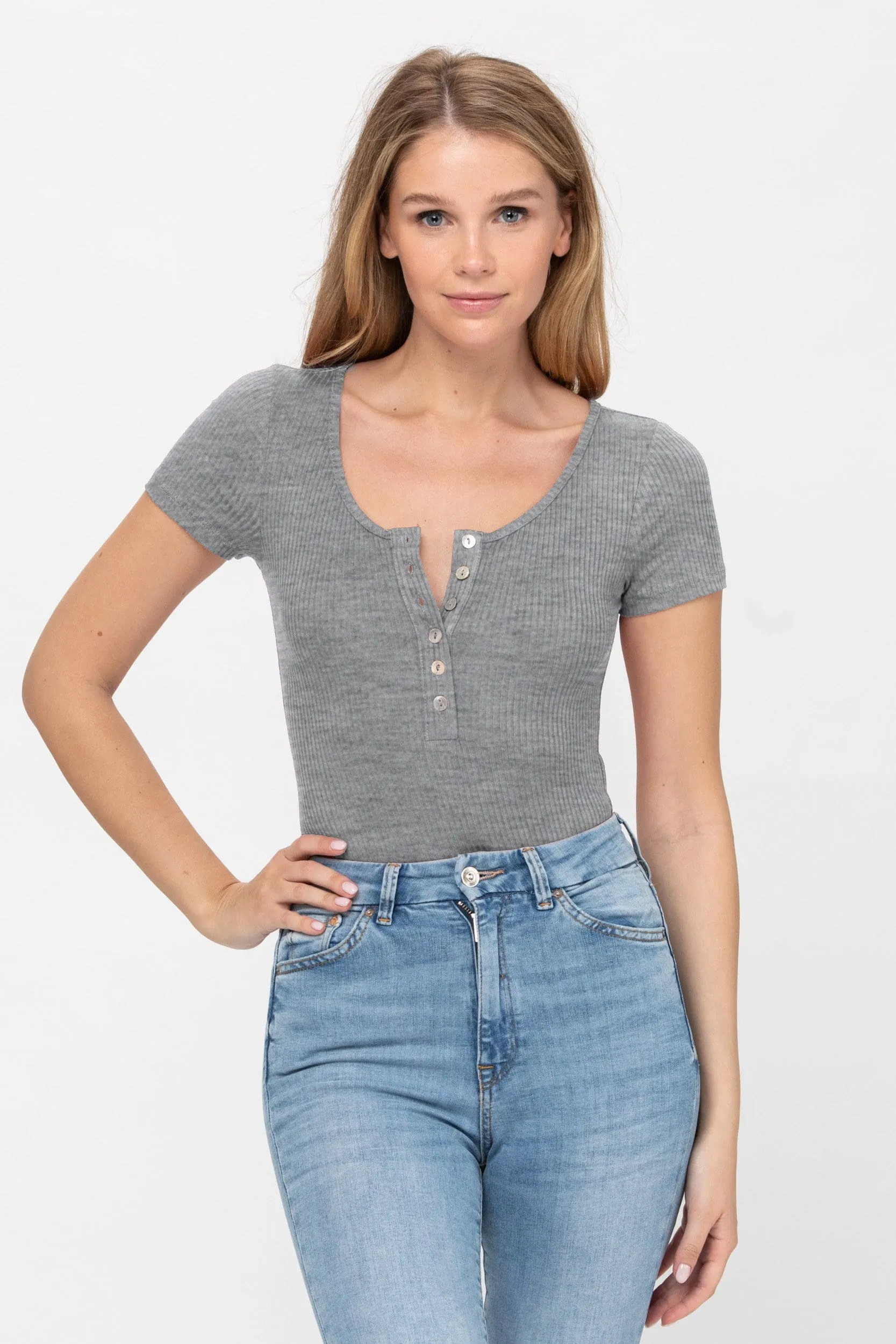 Short Sleeve Sexy Scoop Neck Tank Top Button Down Ribbed Bodysuits