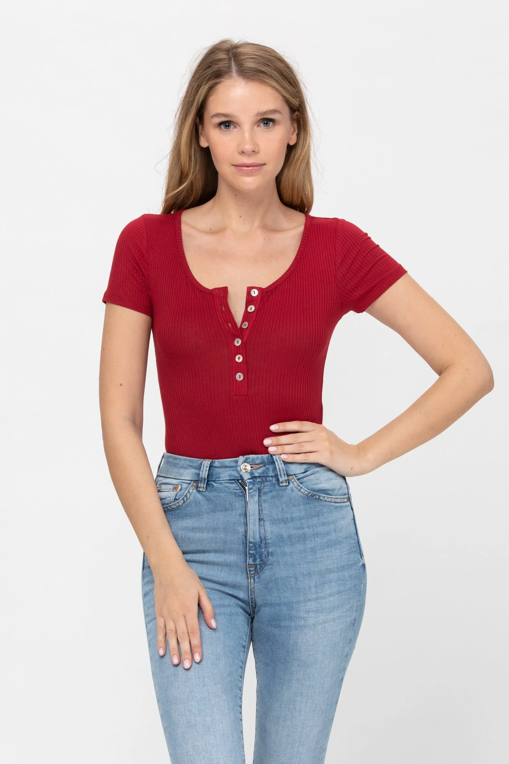 Short Sleeve Sexy Scoop Neck Tank Top Button Down Ribbed Bodysuits