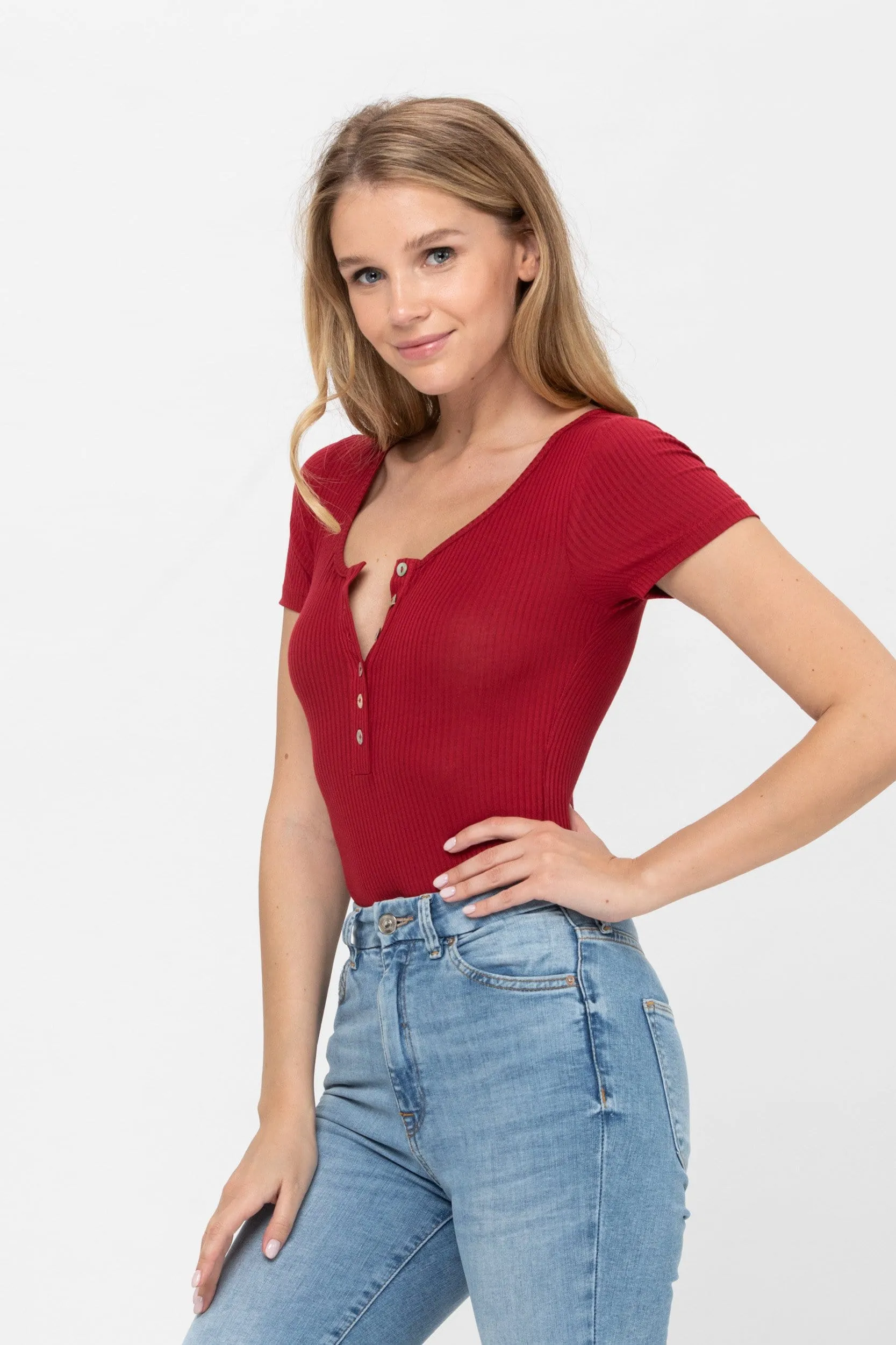 Short Sleeve Sexy Scoop Neck Tank Top Button Down Ribbed Bodysuits