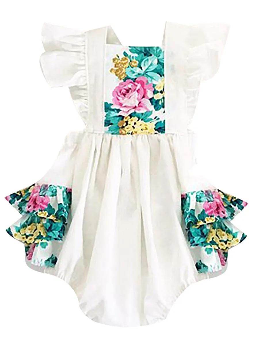 Summer Flower Print Flutter Sleeve Baby Playsuit Onesie