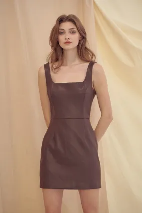 Tèa Vegan Leather Square Neckline Mini Shift Dress - Chocolate